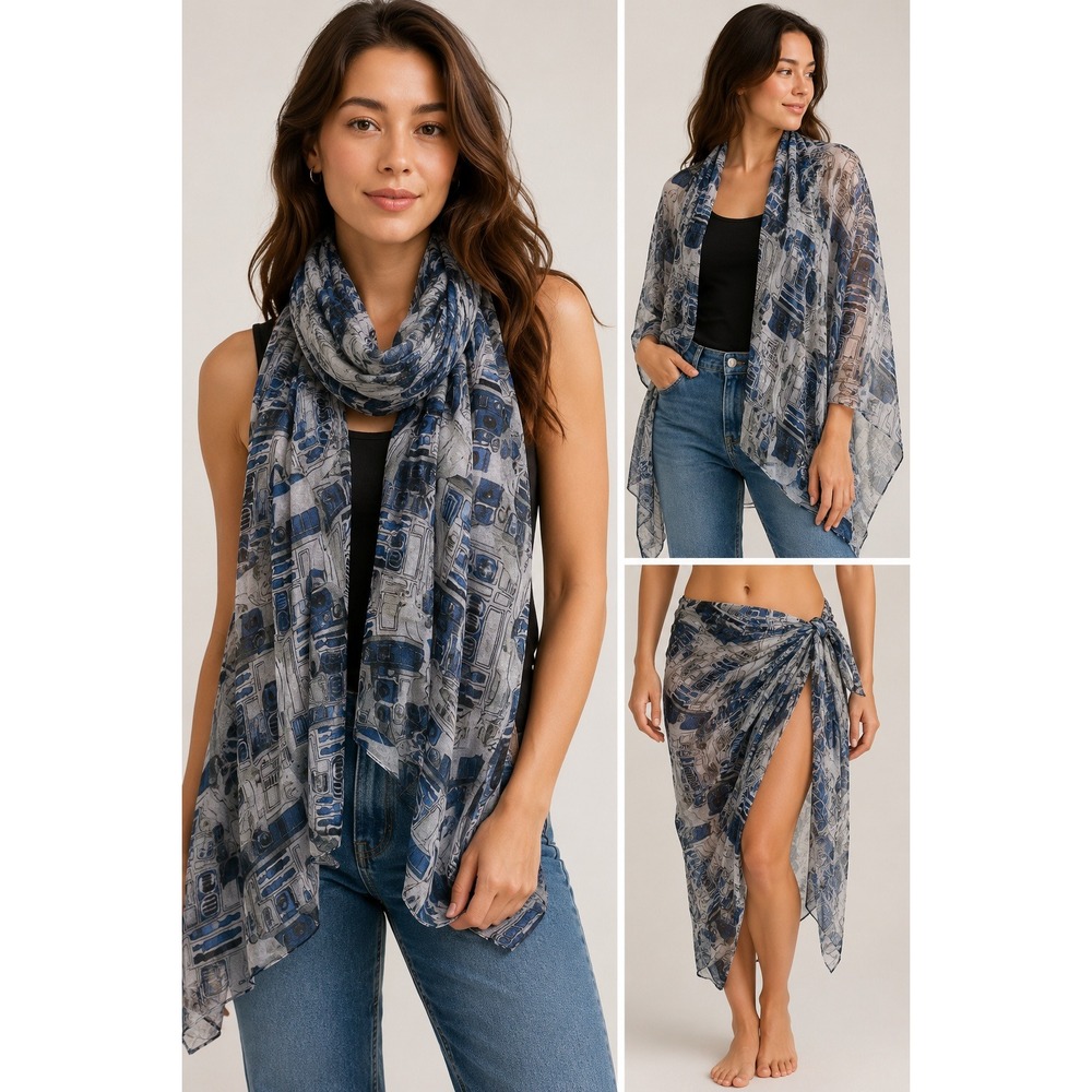 Star Wars R2-D2 Lightweight Scarf Wrap Shawl Sarong Blue Gray Droid Print OS